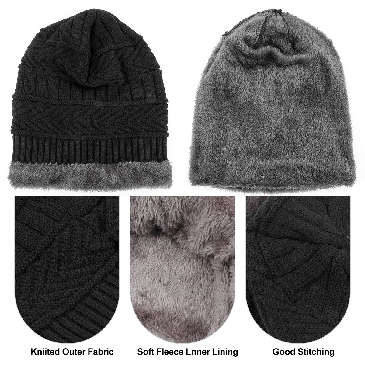 3 Pieces Winter Beanie Hat Scarf Set and Touch Screen Gloves Warm Thick Knit Fleece Lined Skull Cap Gifts for Men Women