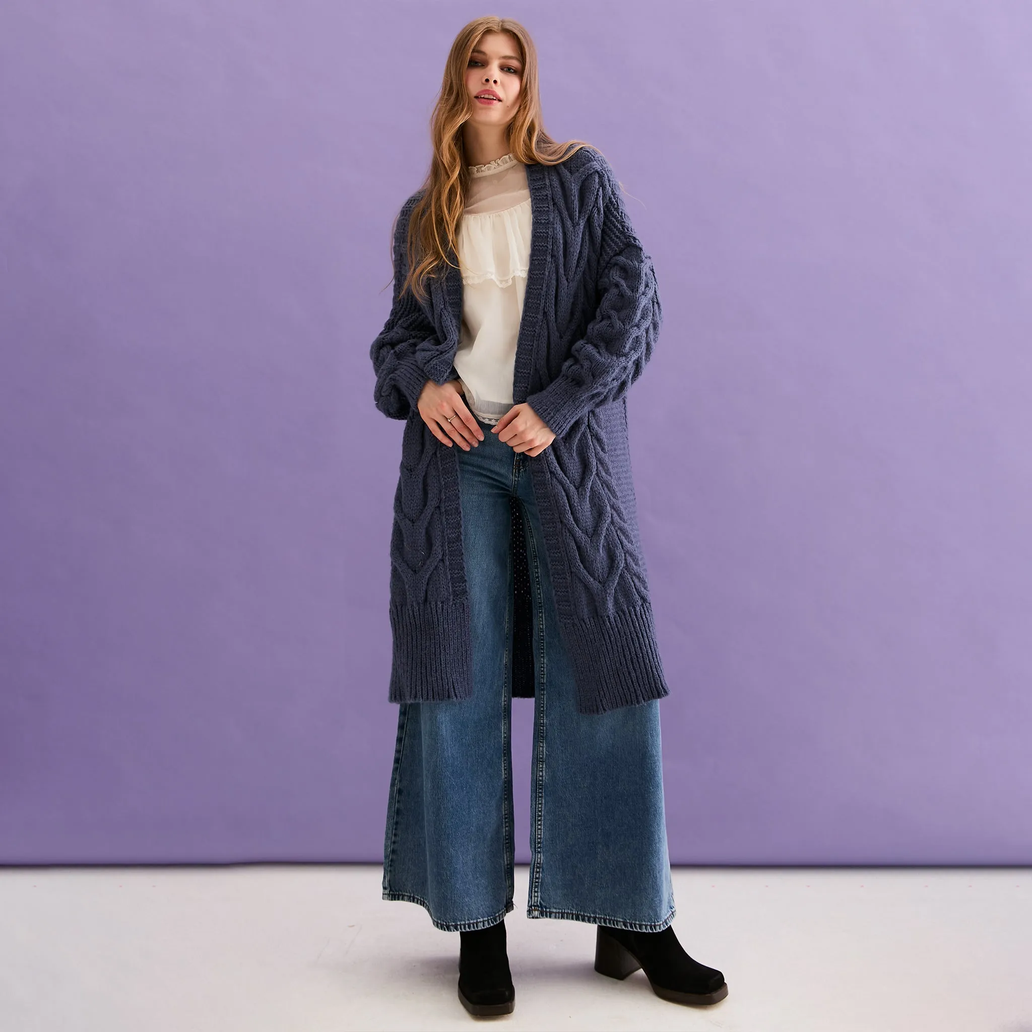 Alex Cable Balloon Sleeve Maxi Cardigan - Denim