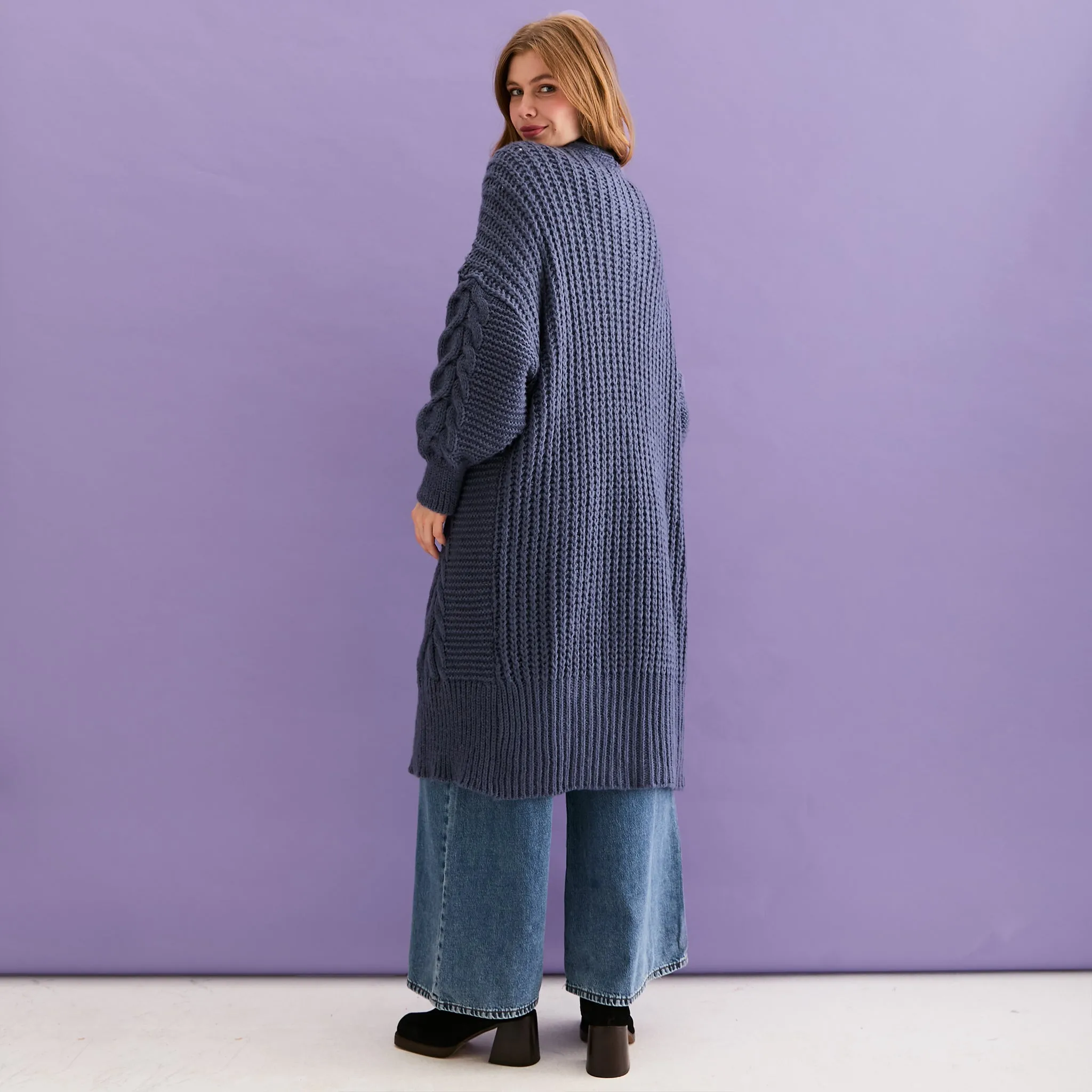 Alex Cable Balloon Sleeve Maxi Cardigan - Denim