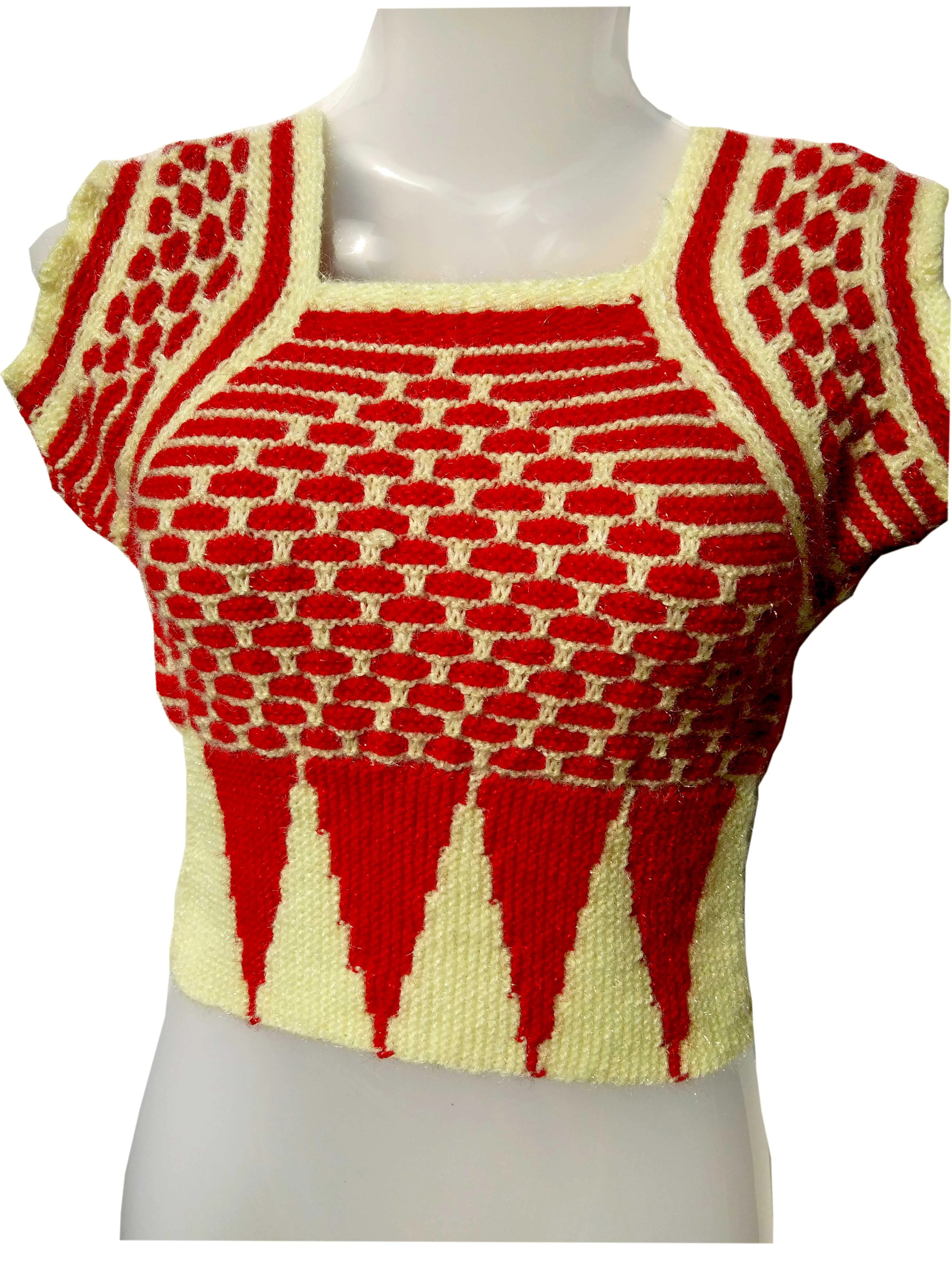 Beautiful Graminarts Self Design Handmade Knitted Woolen Ladies Blouse- Red & Cream