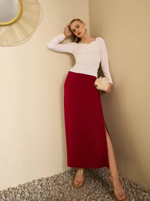 Berrylush Women Solid Red High-Rise Waist Slip-On Thigh-High Slit Straight Hem Knitted Maxi Skirt