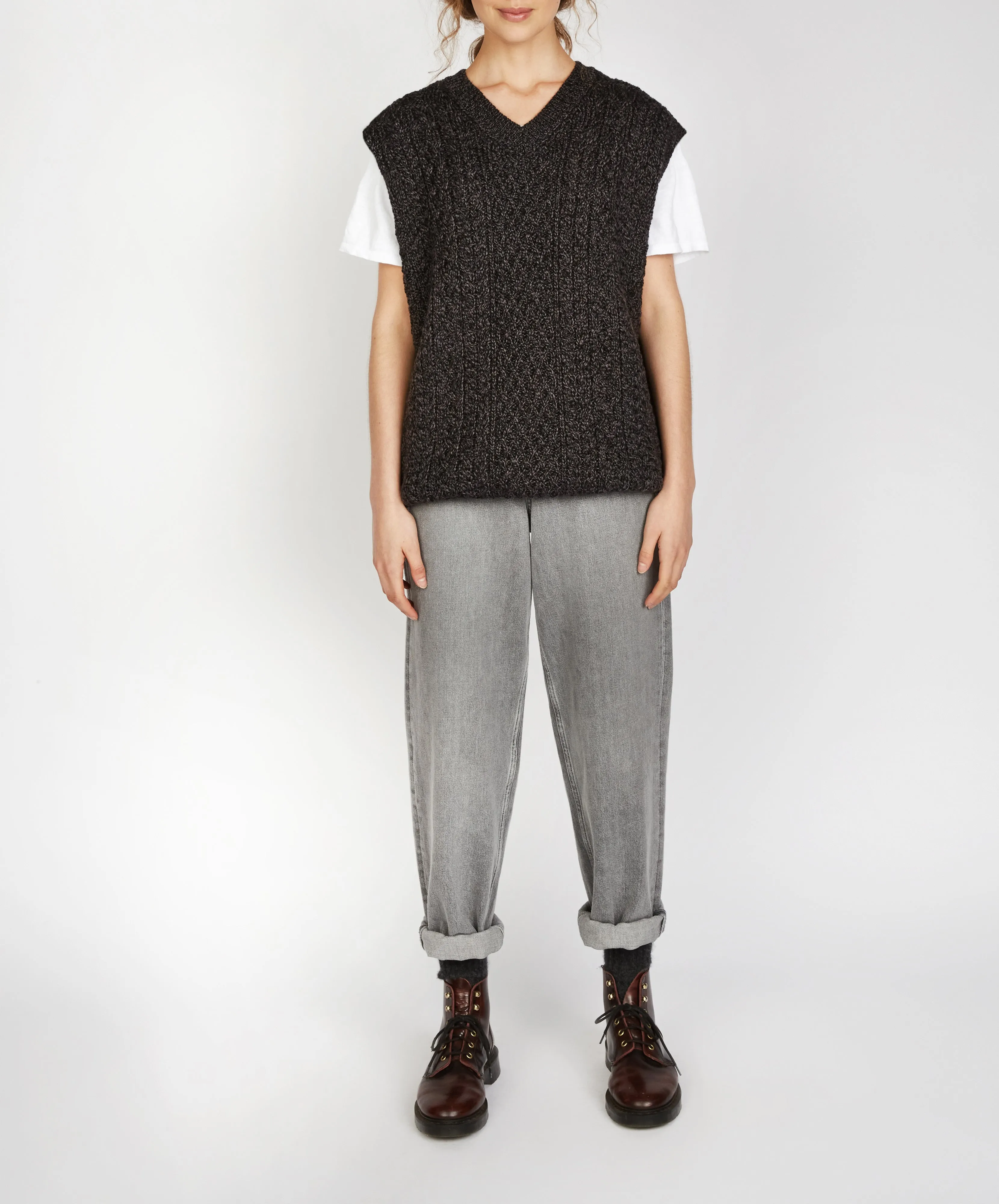 Birch Aran V Neck Vest Anthracite