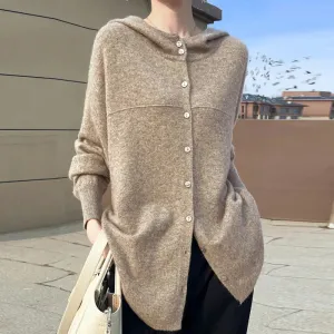 Fall/Winter 2025 new women's cardigan 100% pure wool solid color hooded collar cashmere fashion loose plus size sweater coat