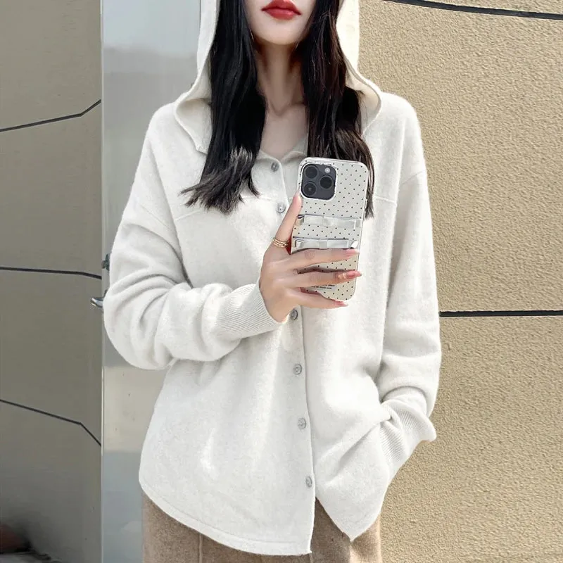 Fall/Winter 2025 new women's cardigan 100% pure wool solid color hooded collar cashmere fashion loose plus size sweater coat