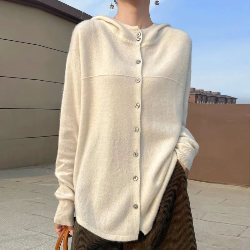 Fall/Winter 2025 new women's cardigan 100% pure wool solid color hooded collar cashmere fashion loose plus size sweater coat