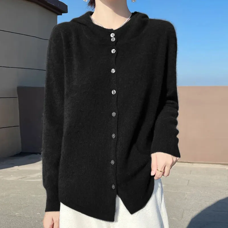 Fall/Winter 2025 new women's cardigan 100% pure wool solid color hooded collar cashmere fashion loose plus size sweater coat