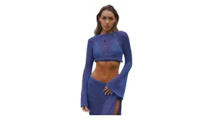 Hollow-Out Long-Sleeved Knitted Two-Piece Beach Suit