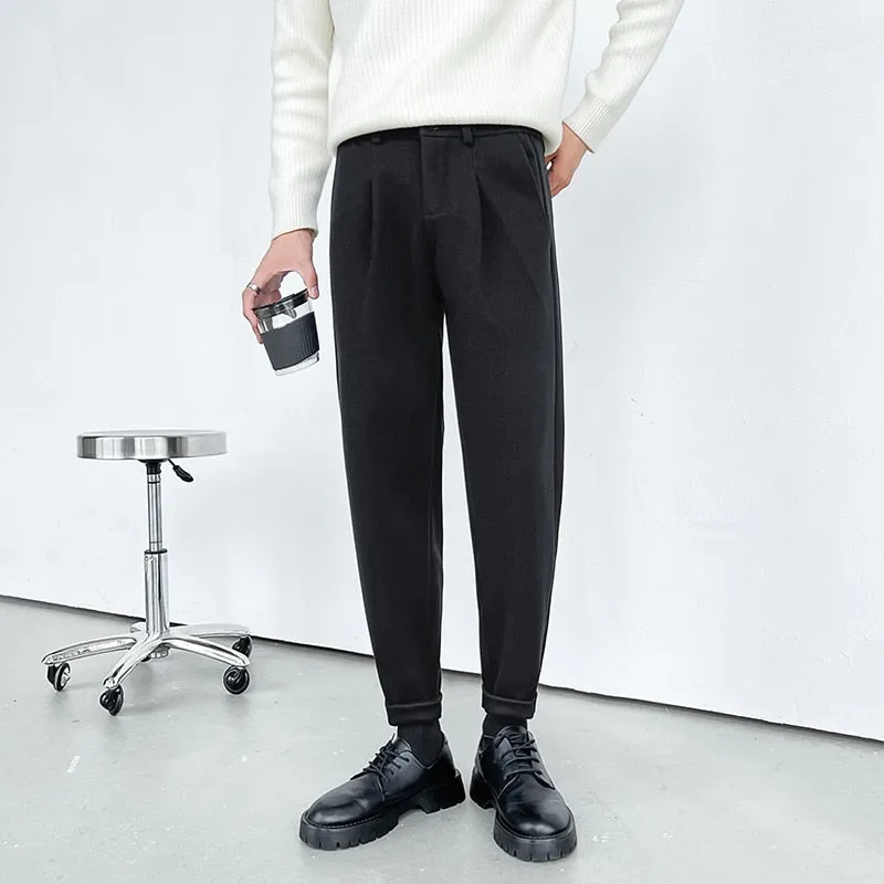 [Korean Style] 2 Colors Thick Woolen Slim-Fit Pants