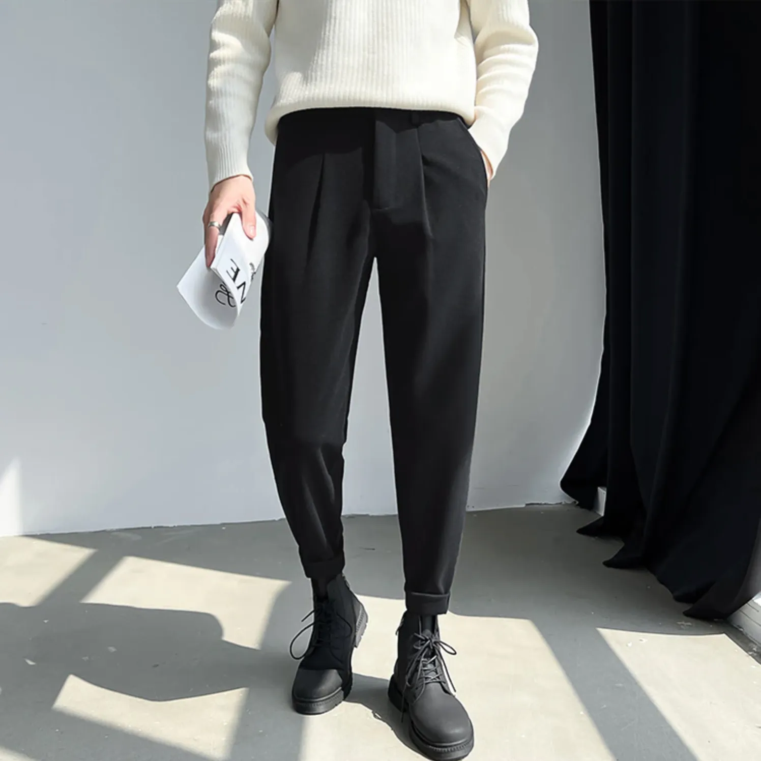 [Korean Style] 2 Colors Thick Woolen Slim-Fit Pants