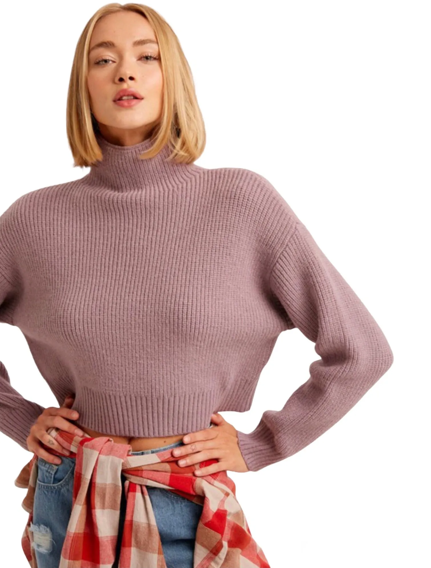 Lavender Ribbed Mock Neck Crop Pullover Sweater