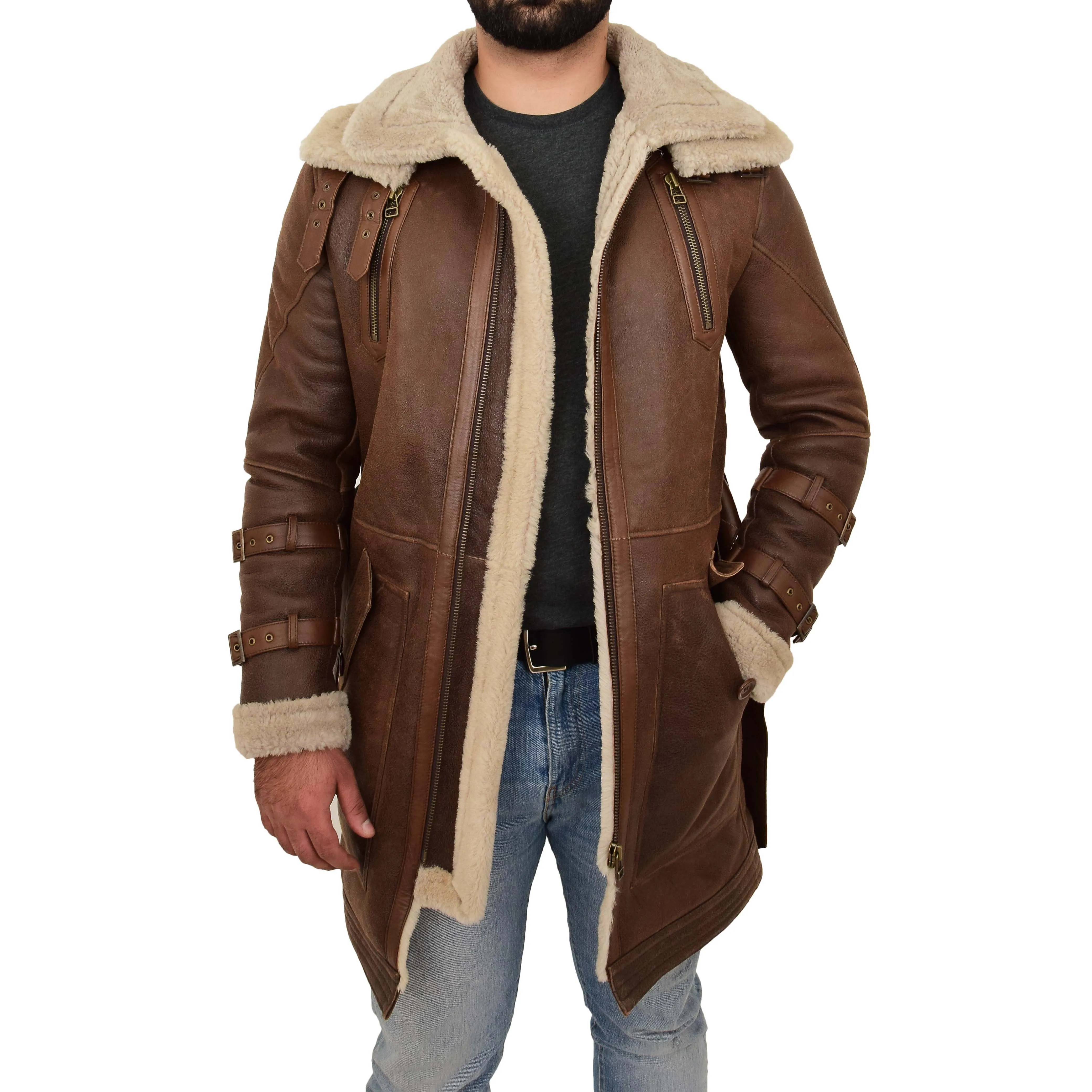 Mens Genuine Sheepskin Duffle Coat Shearling 3/4 Long Jacket Jose Brown