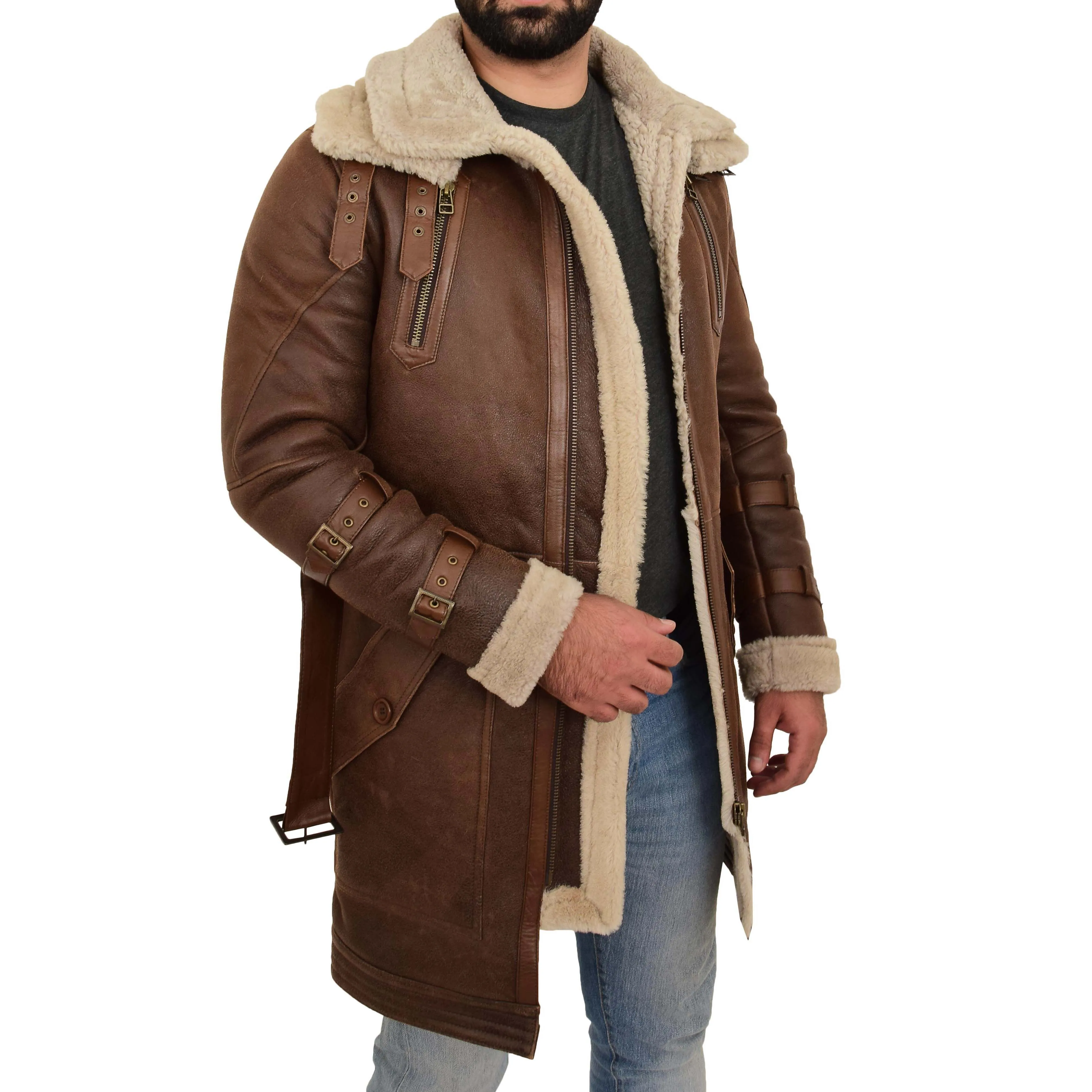 Mens Genuine Sheepskin Duffle Coat Shearling 3/4 Long Jacket Jose Brown