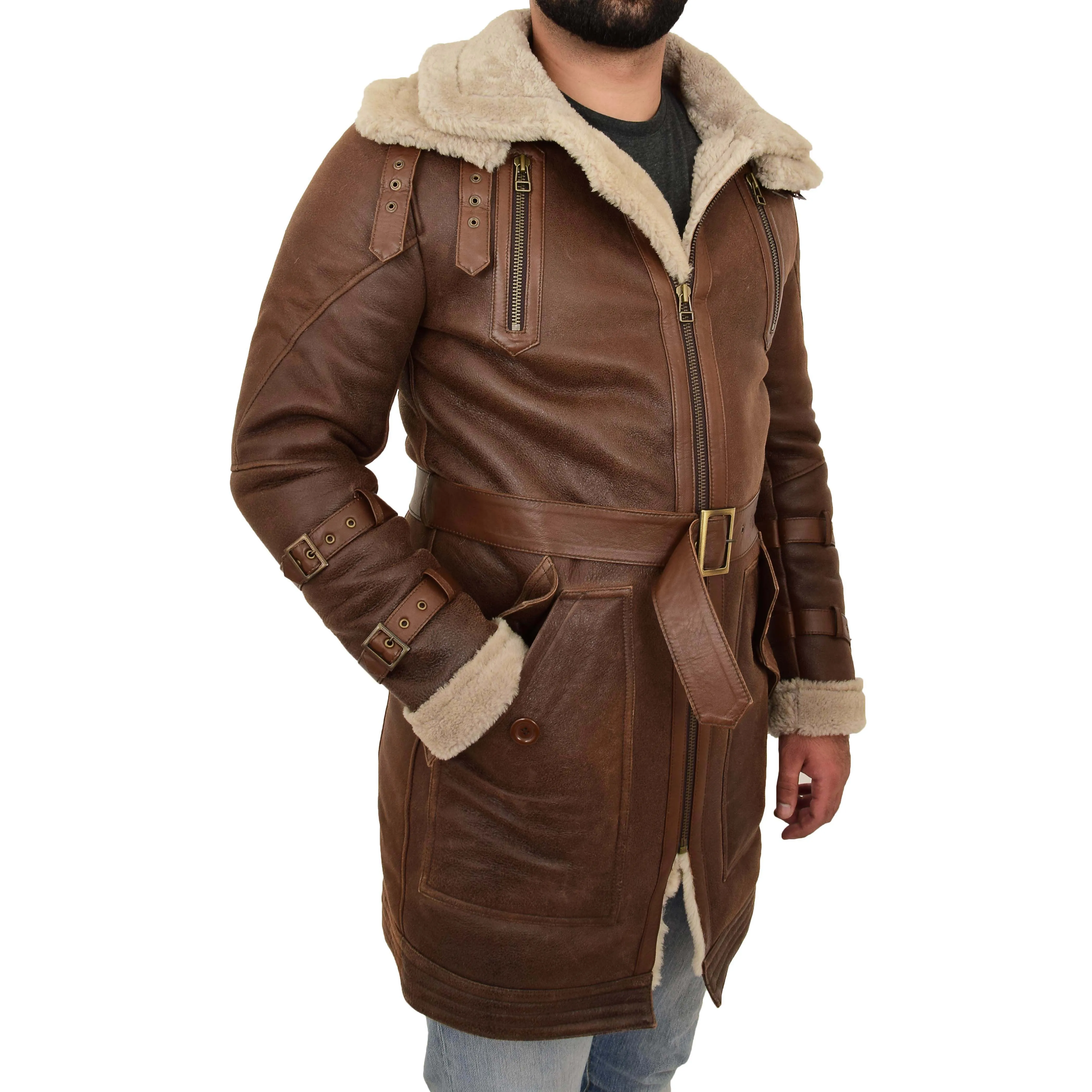 Mens Genuine Sheepskin Duffle Coat Shearling 3/4 Long Jacket Jose Brown