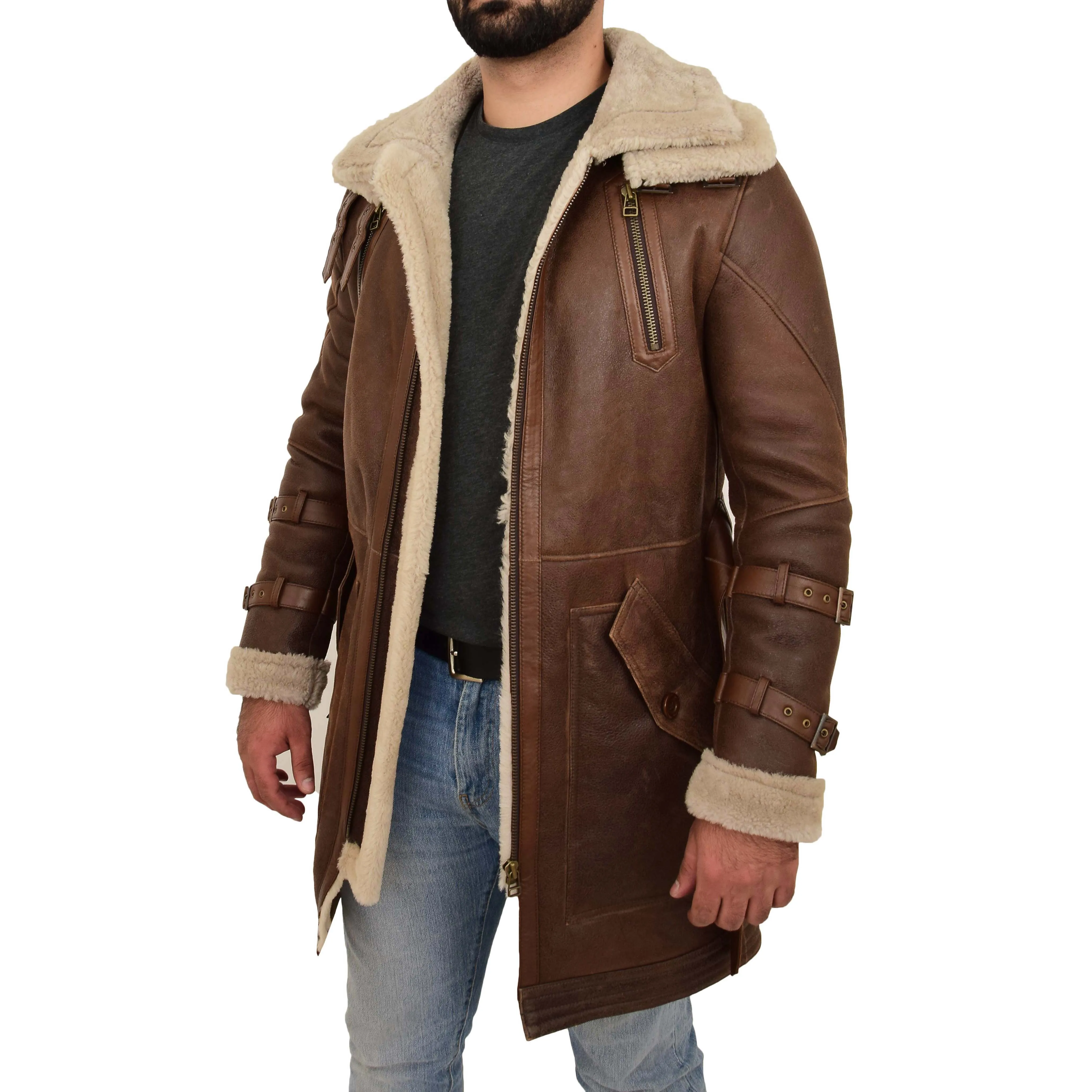 Mens Genuine Sheepskin Duffle Coat Shearling 3/4 Long Jacket Jose Brown