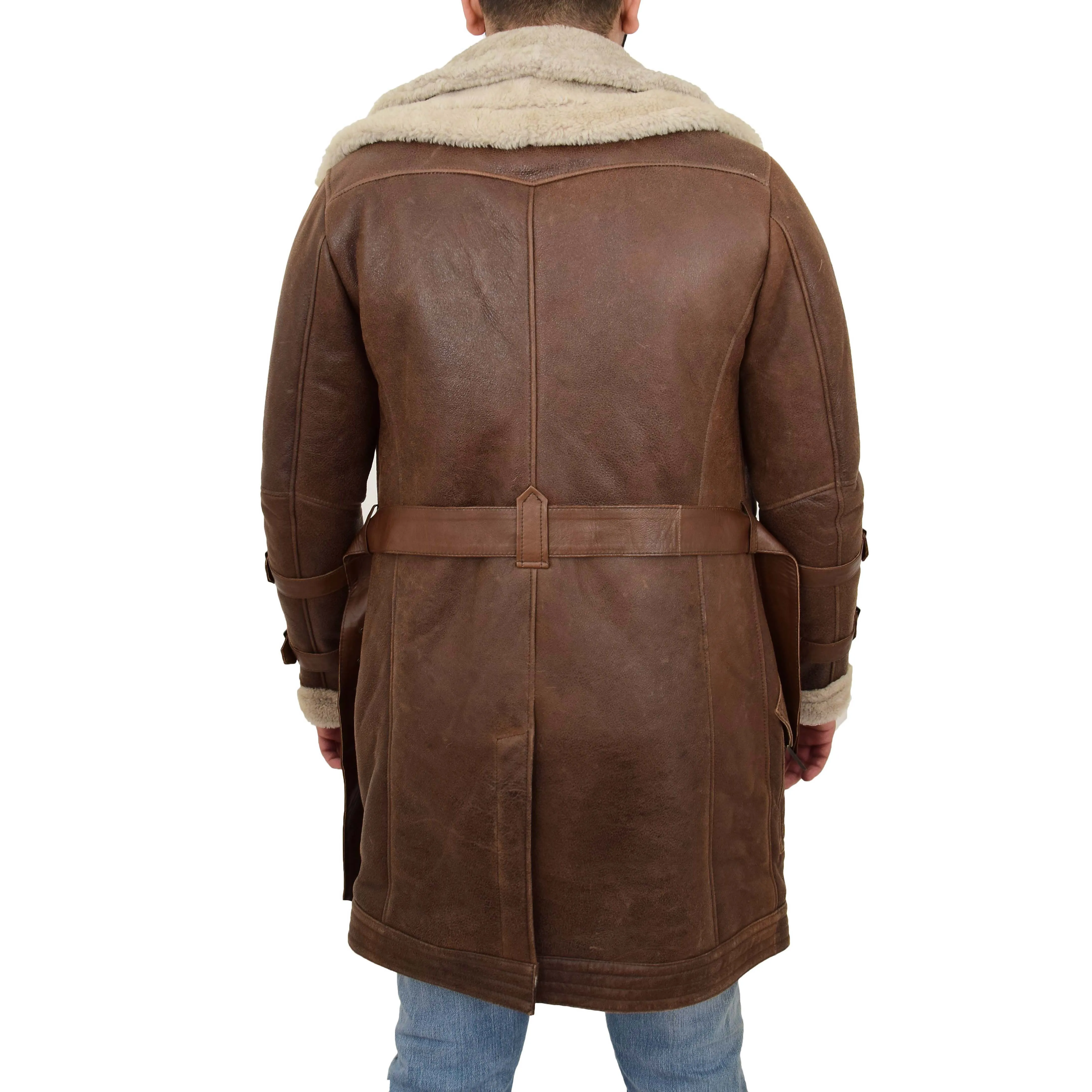 Mens Genuine Sheepskin Duffle Coat Shearling 3/4 Long Jacket Jose Brown