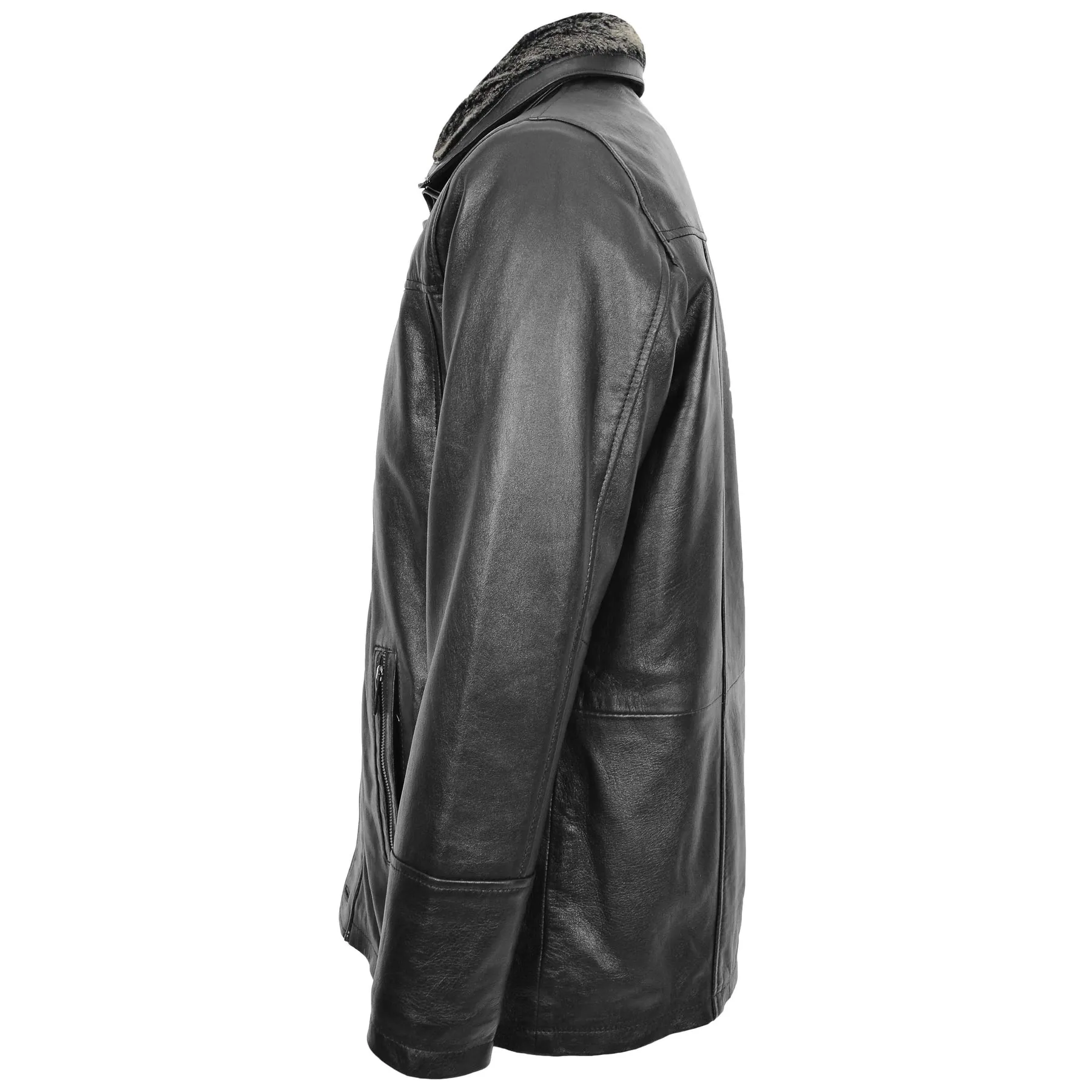 Men’s Parka Style Leather Jacket Gents Soft Coat Black Garth