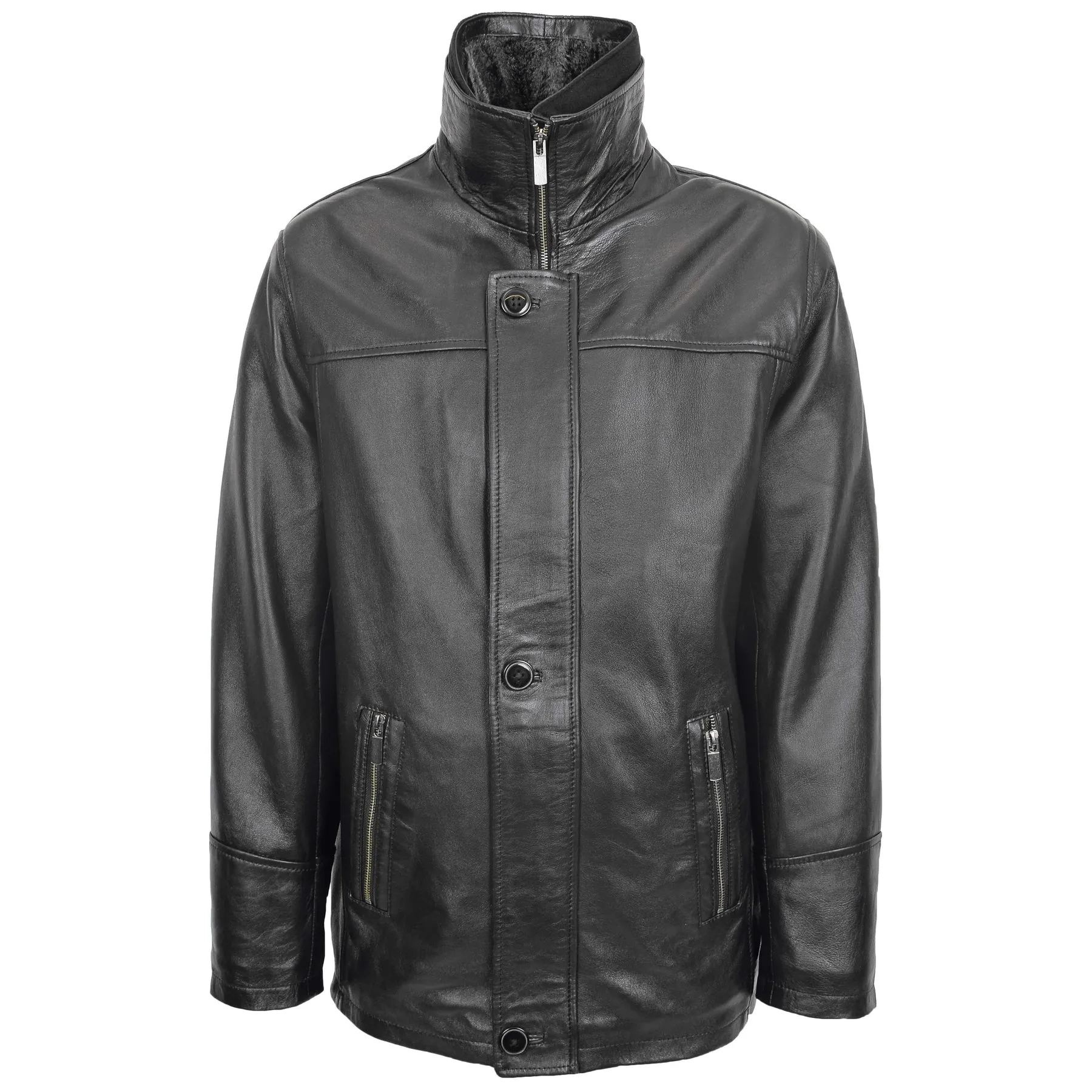 Men’s Parka Style Leather Jacket Gents Soft Coat Black Garth