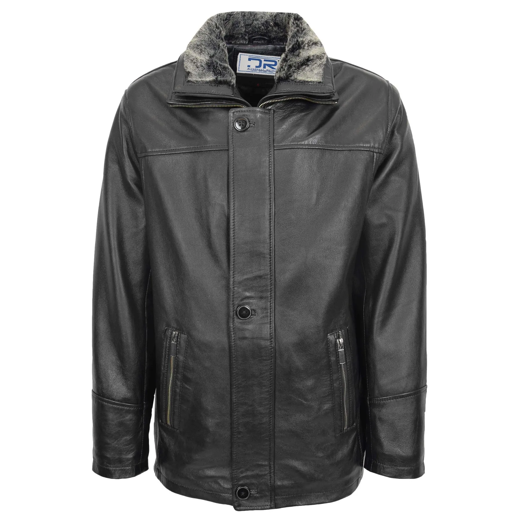 Men’s Parka Style Leather Jacket Gents Soft Coat Black Garth