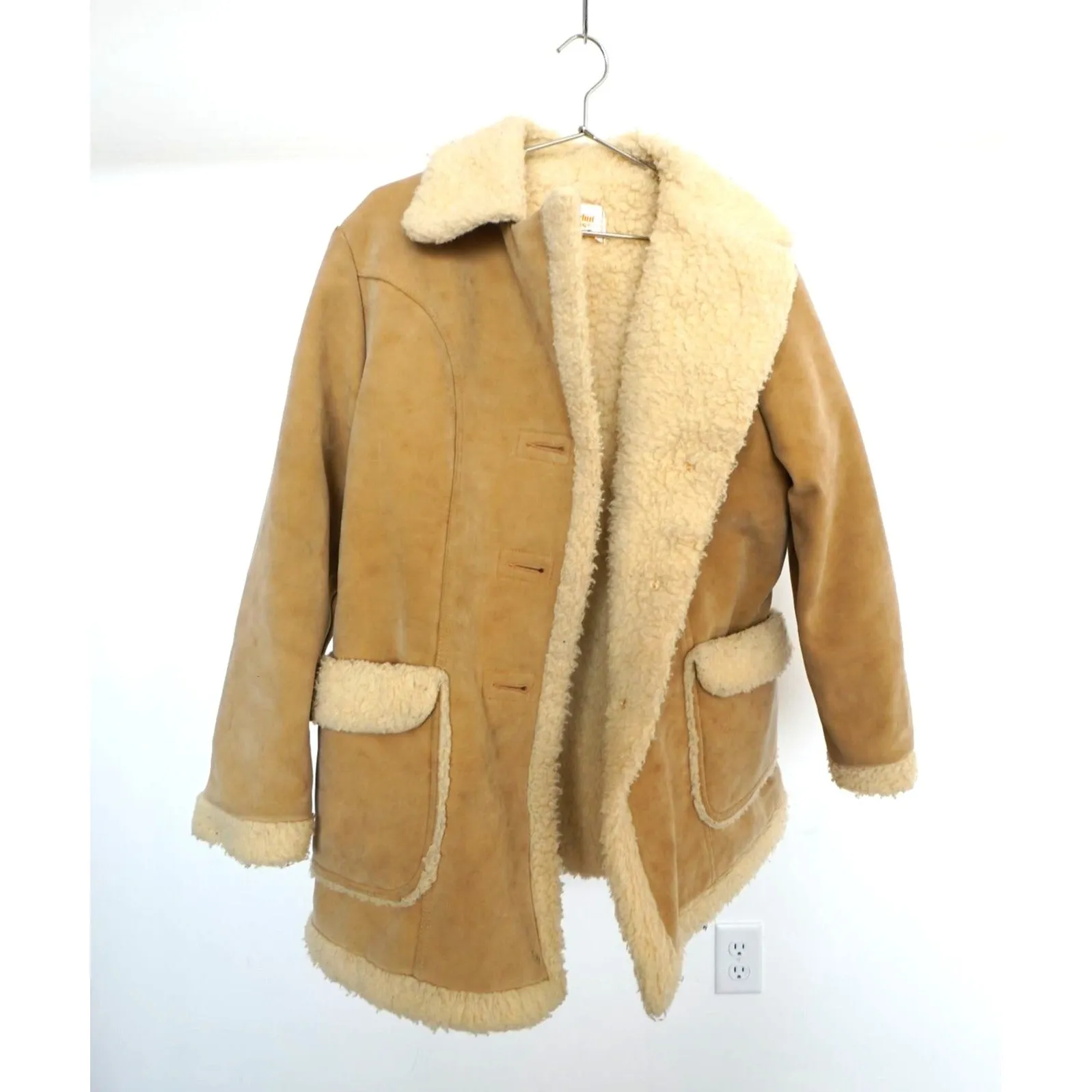 "Retail" Vintage Fingerhut Fashions Shearling Fur Lined Suede Sherpa Overcoat Tan Large