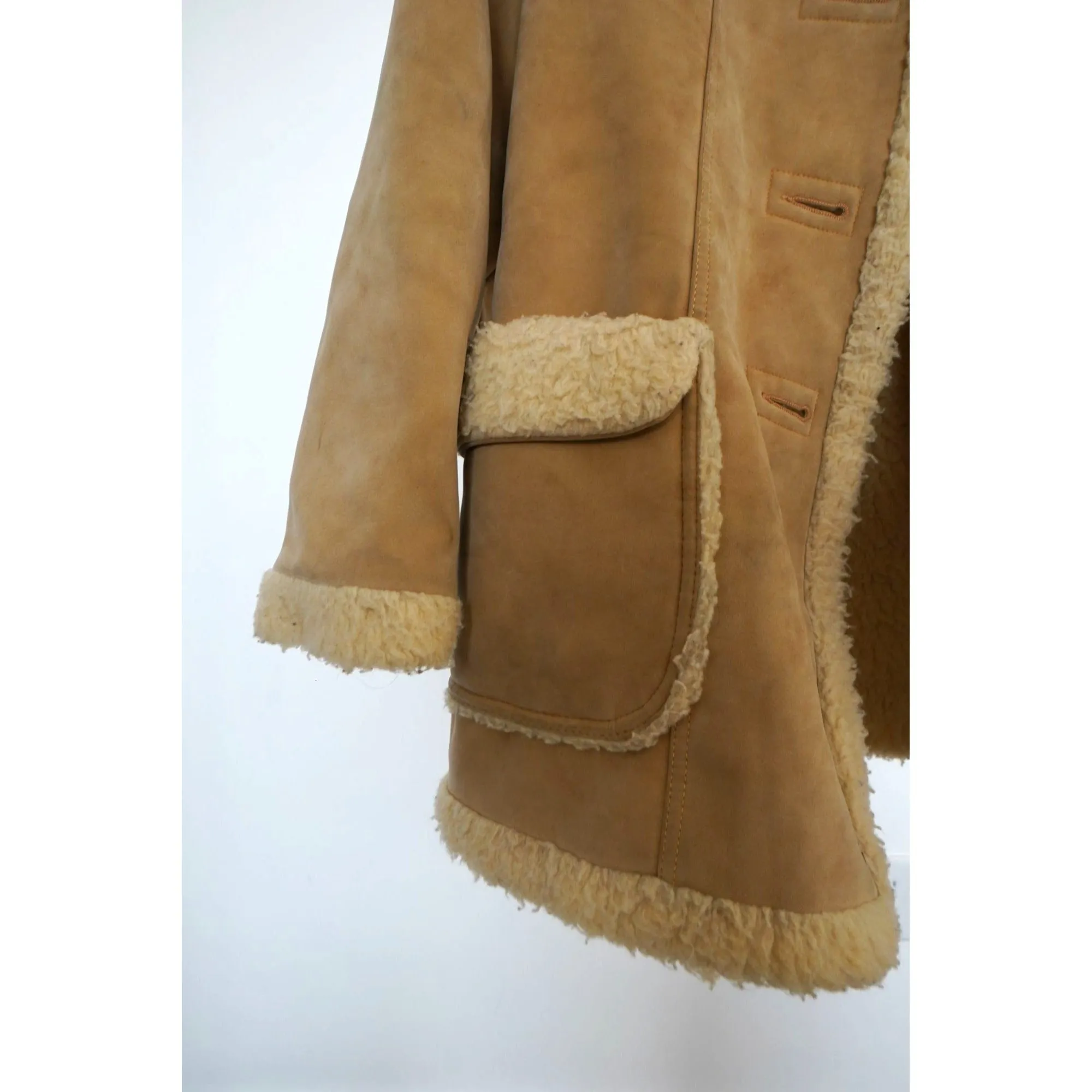 "Retail" Vintage Fingerhut Fashions Shearling Fur Lined Suede Sherpa Overcoat Tan Large