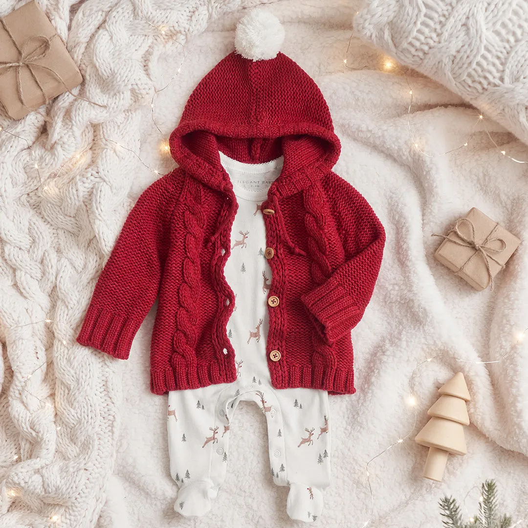 Red Chunky Hooded Pom Pom Cardigan