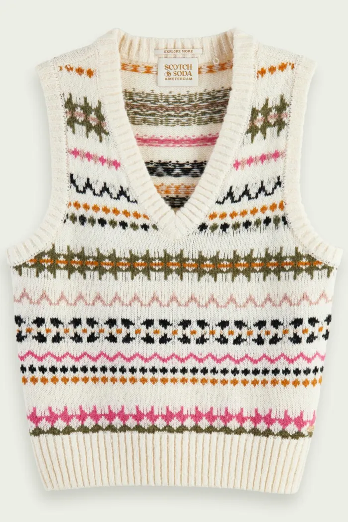 Relaxed Fit Fair Isle Knit V-neck Vest