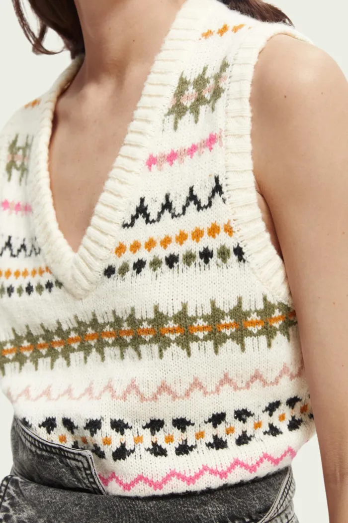 Relaxed Fit Fair Isle Knit V-neck Vest