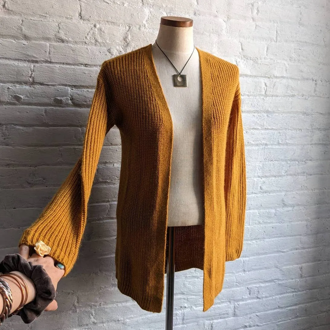 Retro 70s Lace Up Chunky Knit Fuzzy Cardigan Shag Furry Mustard Oversize Sweater