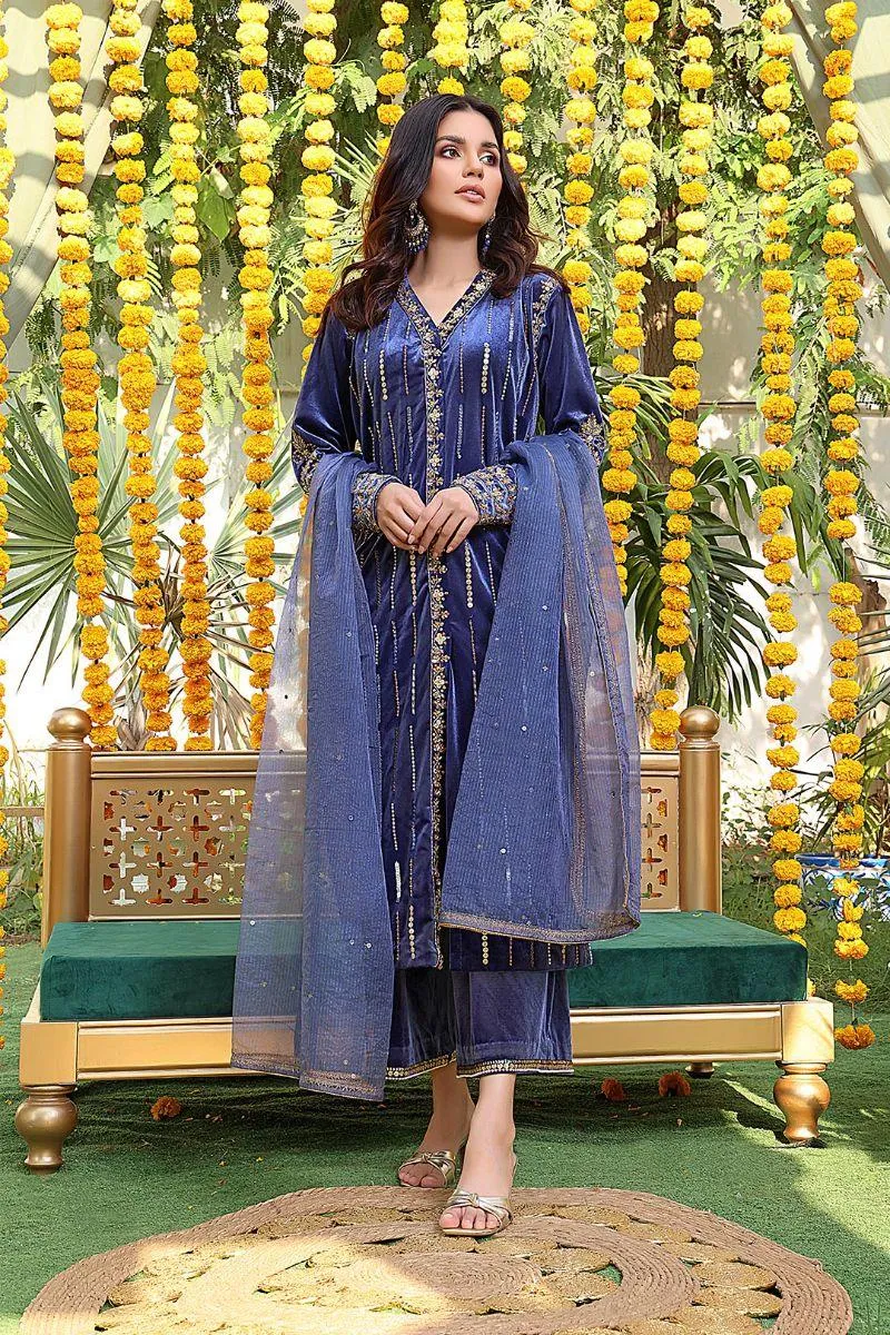 Sanas - Handwork Embroidered Velvet 3 Piece Suit - ZEENAT - S202222 - Lapis Lazuli Blue