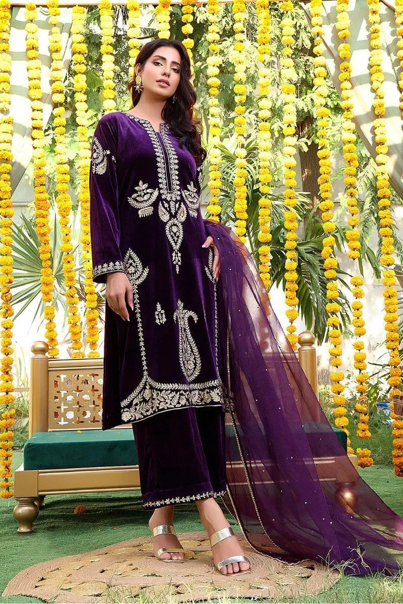 Sanas - Handwork Zari Embroidered Velvet 3 Piece Suit - ZEENAT - S202223 - Purple