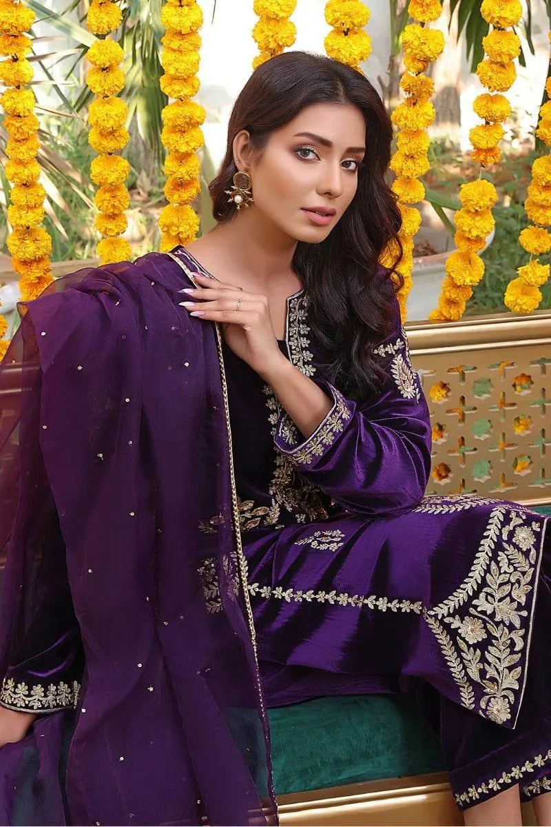 Sanas - Handwork Zari Embroidered Velvet 3 Piece Suit - ZEENAT - S202223 - Purple