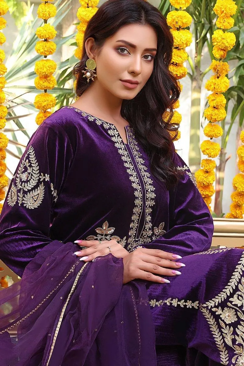 Sanas - Handwork Zari Embroidered Velvet 3 Piece Suit - ZEENAT - S202223 - Purple