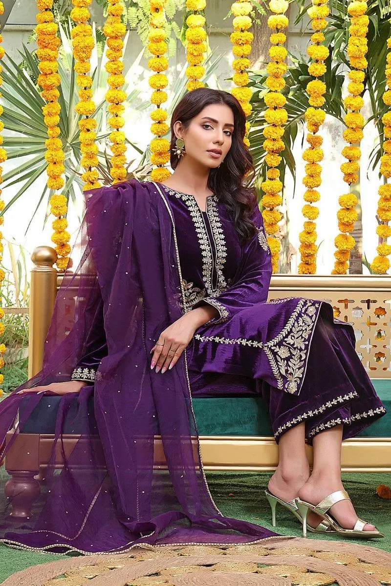 Sanas - Handwork Zari Embroidered Velvet 3 Piece Suit - ZEENAT - S202223 - Purple