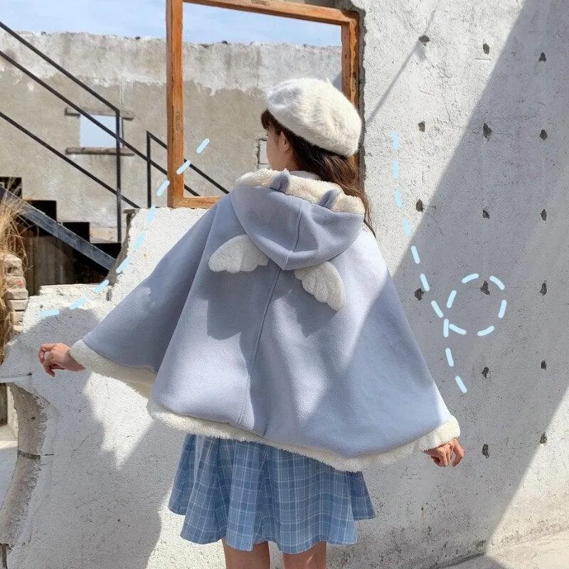 Sweet Heart Cloak with Cat Ear & Wings Hooded Cape Shawl Wrap Women's Cape Cute Shawl Lolita Autumn Fall Female Kawaii Harajuku