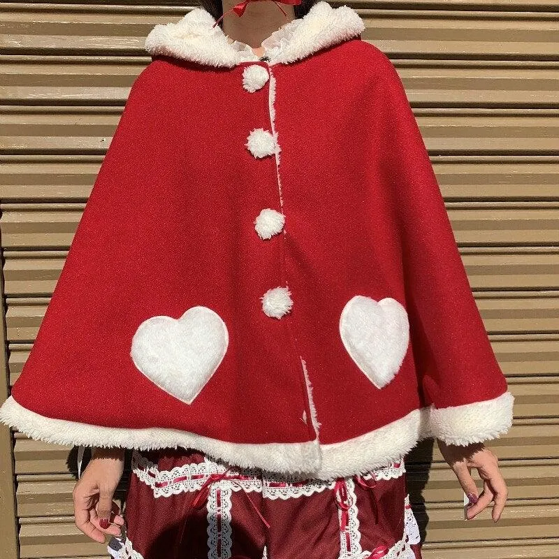 Sweet Heart Cloak with Cat Ear & Wings Hooded Cape Shawl Wrap Women's Cape Cute Shawl Lolita Autumn Fall Female Kawaii Harajuku