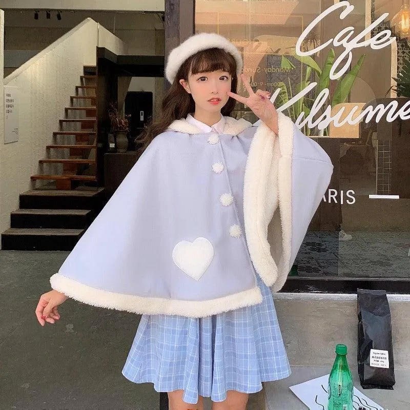 Sweet Heart Cloak with Cat Ear & Wings Hooded Cape Shawl Wrap Women's Cape Cute Shawl Lolita Autumn Fall Female Kawaii Harajuku