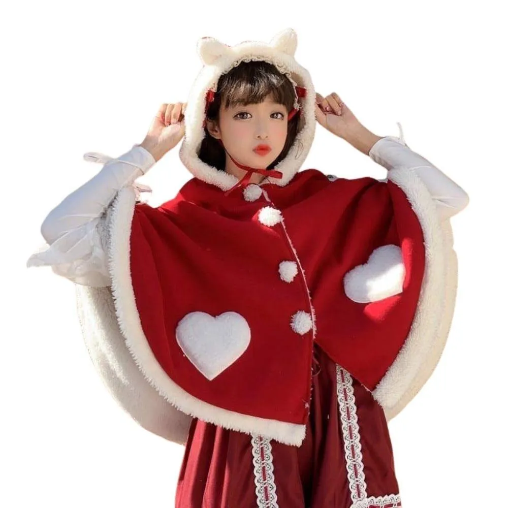 Sweet Heart Cloak with Cat Ear & Wings Hooded Cape Shawl Wrap Women's Cape Cute Shawl Lolita Autumn Fall Female Kawaii Harajuku