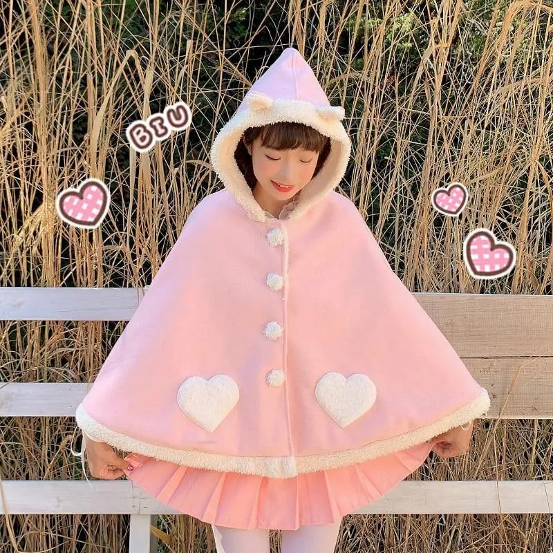 Sweet Heart Cloak with Cat Ear & Wings Hooded Cape Shawl Wrap Women's Cape Cute Shawl Lolita Autumn Fall Female Kawaii Harajuku