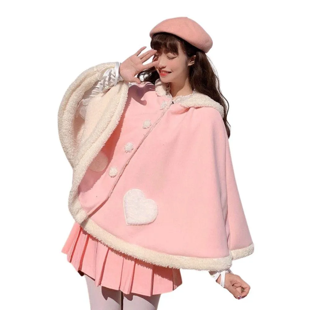 Sweet Heart Cloak with Cat Ear & Wings Hooded Cape Shawl Wrap Women's Cape Cute Shawl Lolita Autumn Fall Female Kawaii Harajuku