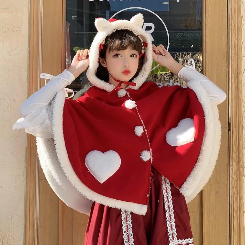 Sweet Heart Cloak with Cat Ear & Wings Hooded Cape Shawl Wrap Women's Cape Cute Shawl Lolita Autumn Fall Female Kawaii Harajuku