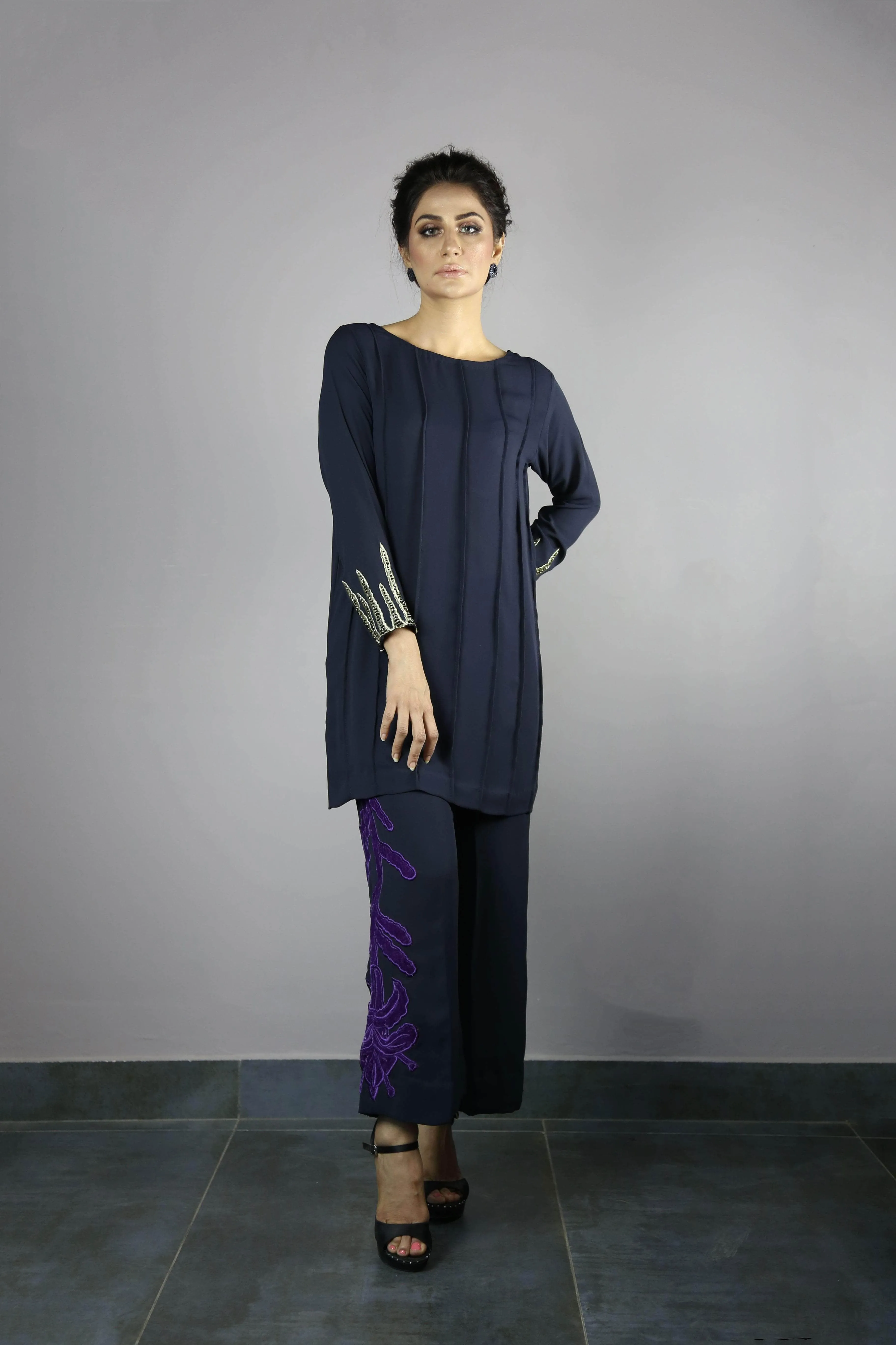 Urooj Atelier - Navy Blue Pintex Top - 2 PC