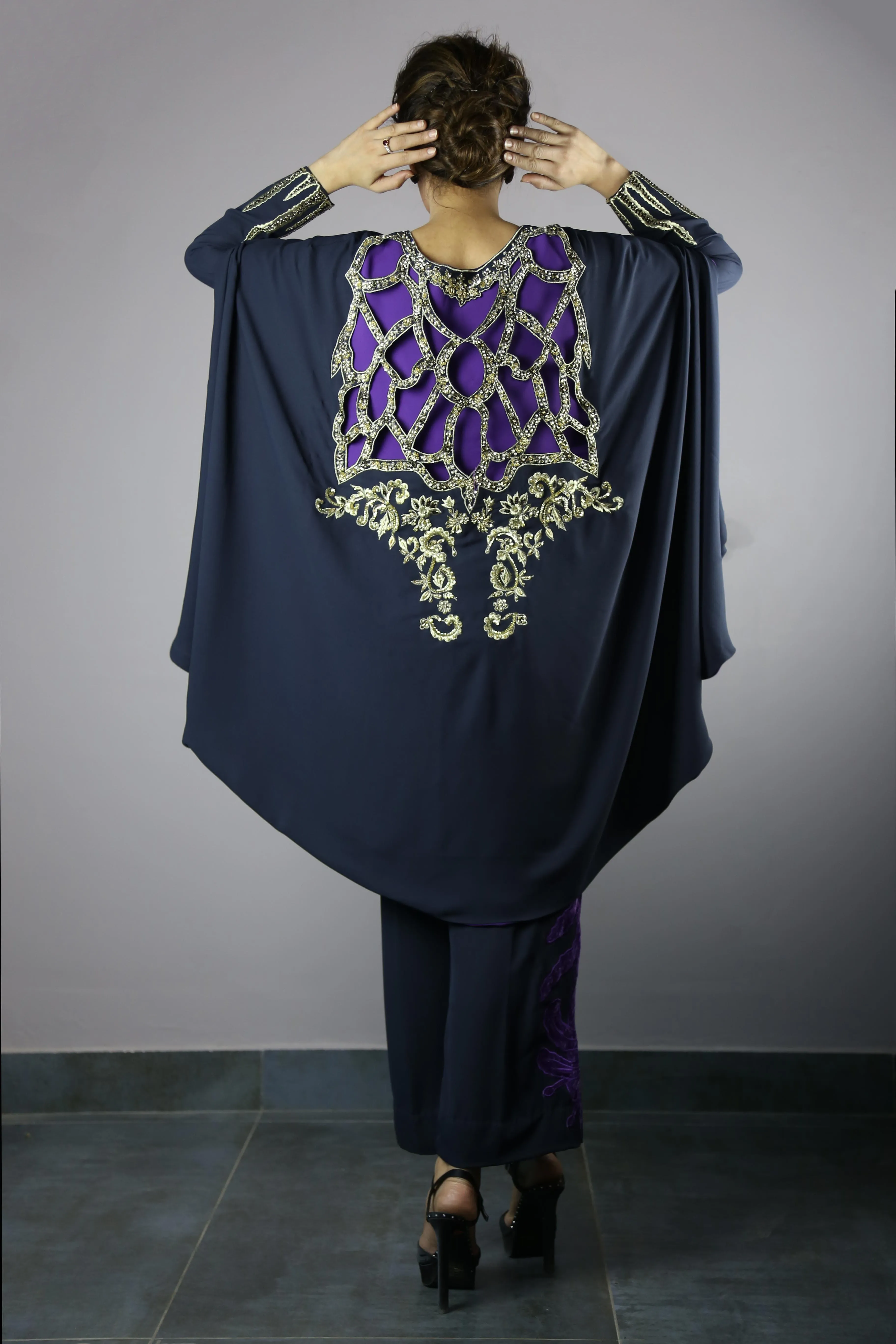 Urooj Atelier - Navy Blue Pintex Top With Cave - 2 PC