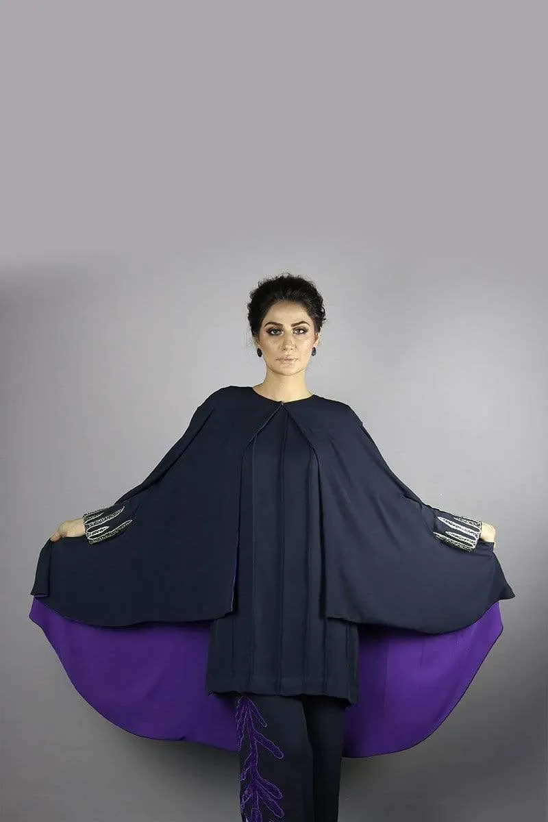 Urooj Atelier - Navy Blue Pintex Top With Cave - 2 PC