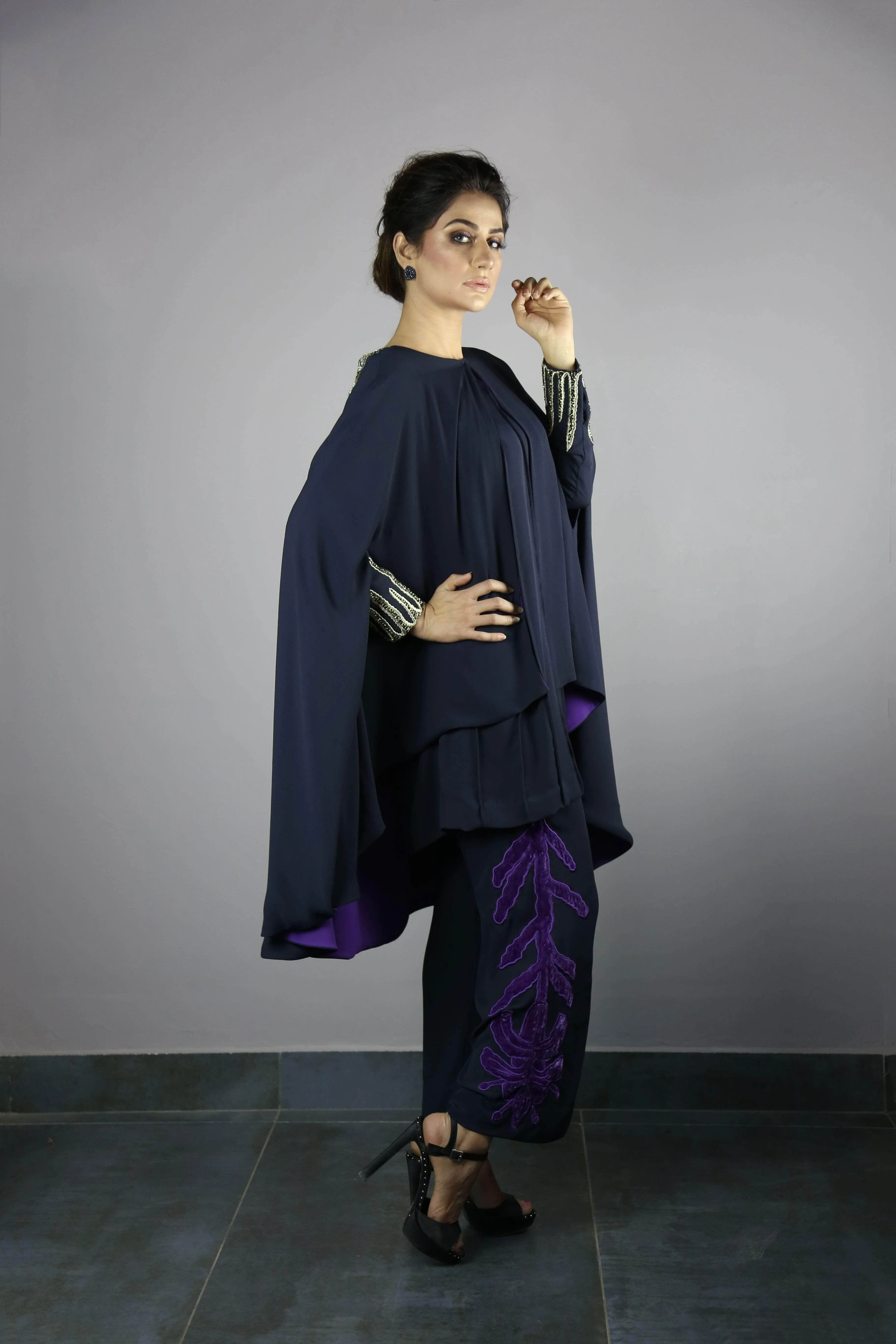 Urooj Atelier - Navy Blue Pintex Top With Cave - 2 PC