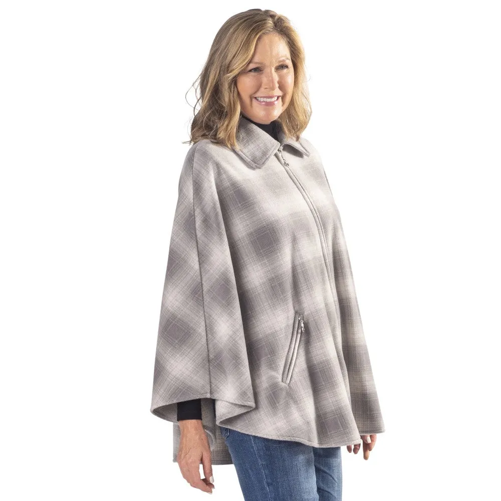 Winter Warm White and Grey Plaid Full Zip Fleece Cape