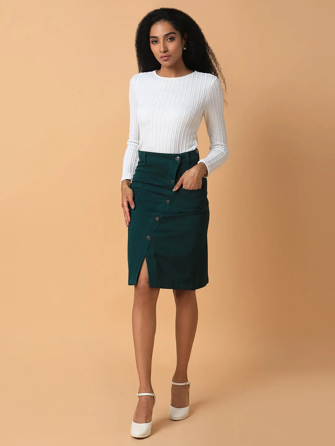 Women Solid Green Pencil Skirt