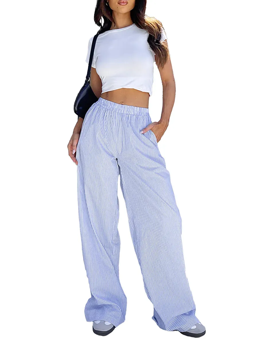 Women Striped Print Lounge Pants Loose Fit Elastic High Waist Wide Leg Pop Pants Going Out Pants Streetwear