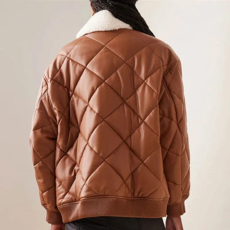 Womens Brown Puffer Leather Bomber Jacket in Fur Collar with Stylish Quilted