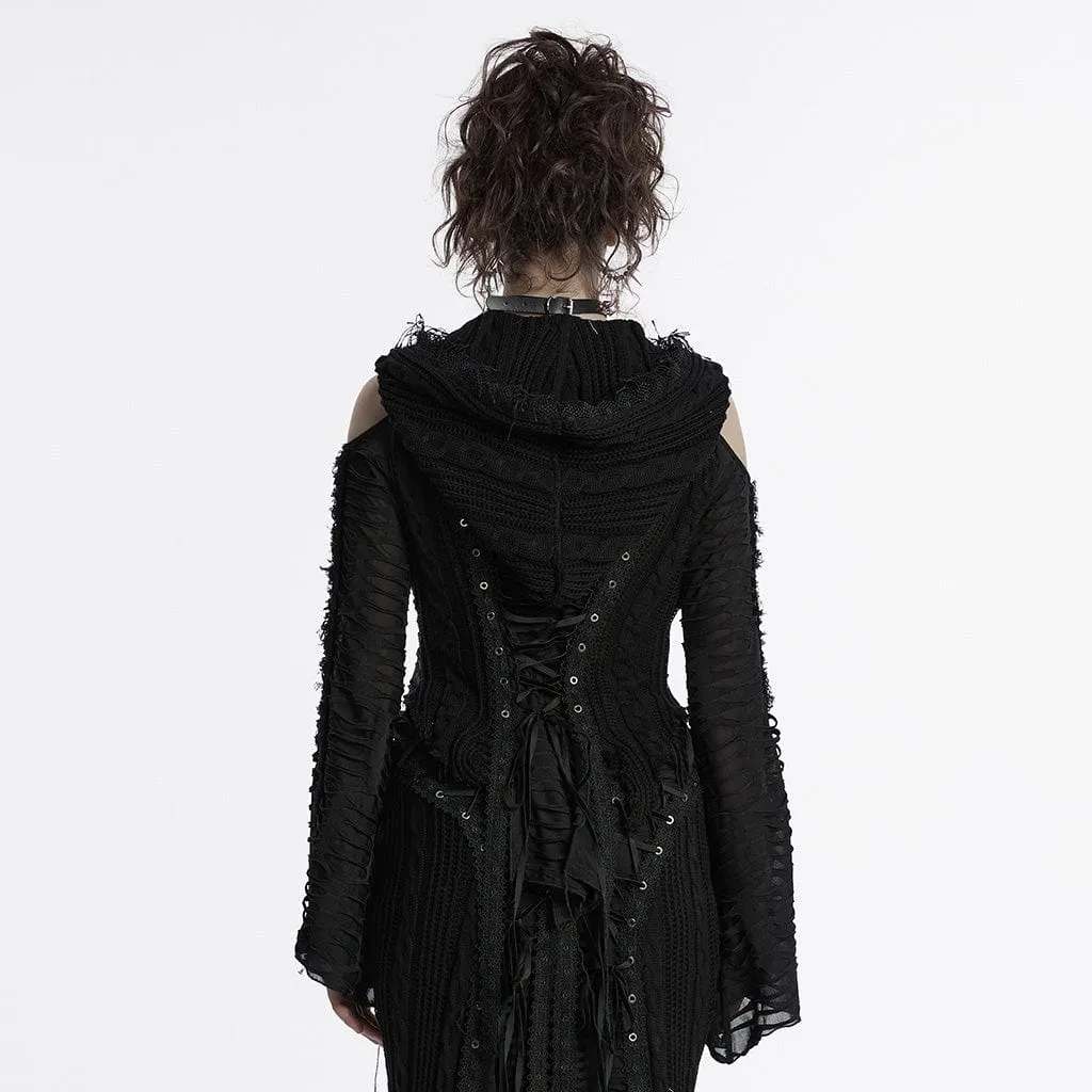 Women's Gothic Off-the-shoulder Ripped Black Knitted Coat with Hood