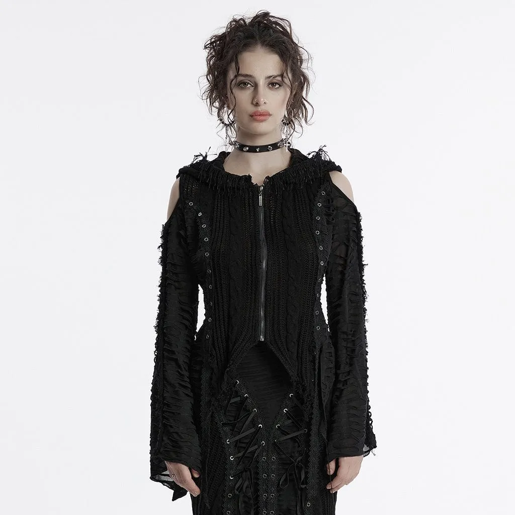 Women's Gothic Off-the-shoulder Ripped Black Knitted Coat with Hood